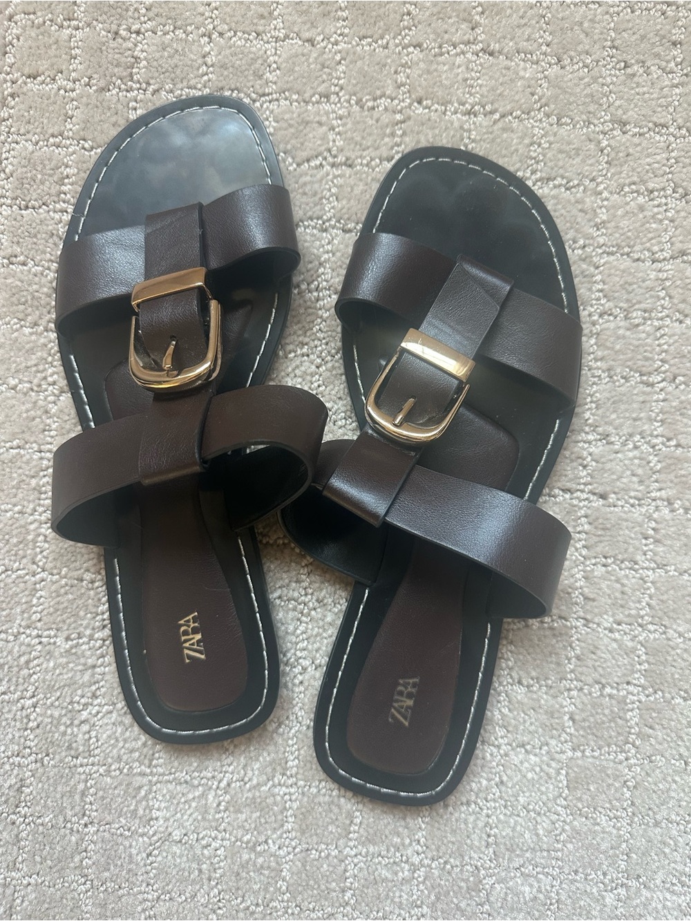 Zara Dark Brown Leather Slide Sandals with Gold Buckles